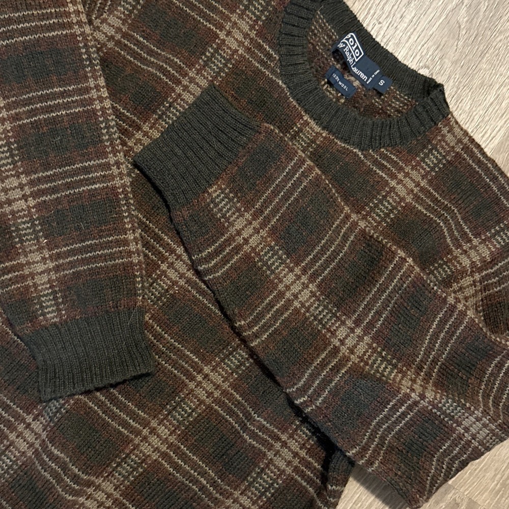 VTG Polo Ralph Lauren Men S Plaid Check Crew Neck Sweater 100% Wool Brown Dad
